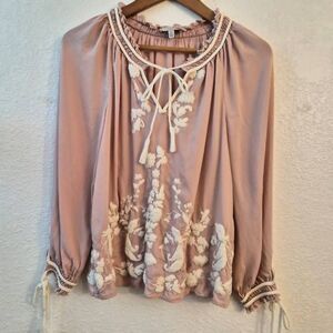 Lucky Brand Long-sleeve Embroidered Flowy Blouse Boho Chic Festival Feminine Sex